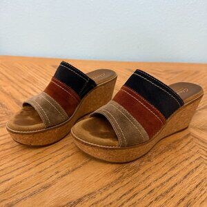 Clarks Suede Upper Cork Wedge Heel Open Toe Sandals Black Brown Beige Sz 7.5